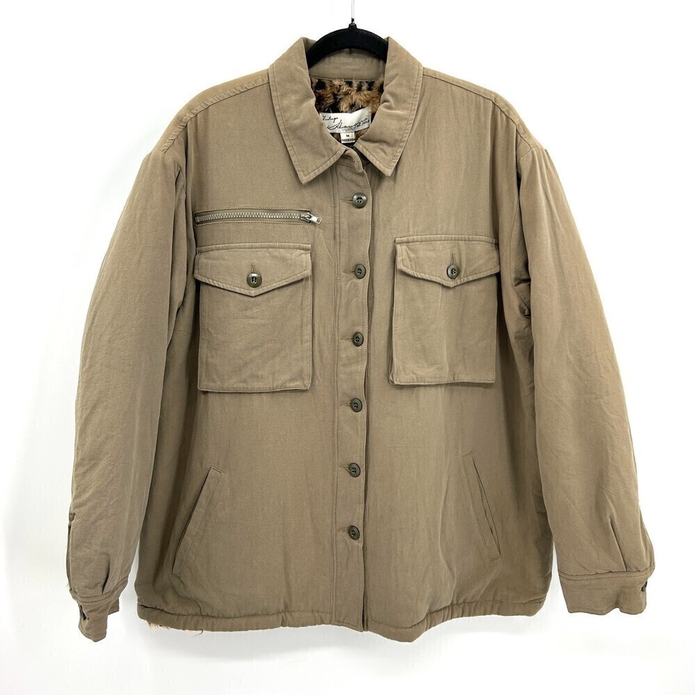 NWT VINTAGE HAVANA Green Khaki Faux Fur Leopard Lined Button Up Jacket Medium